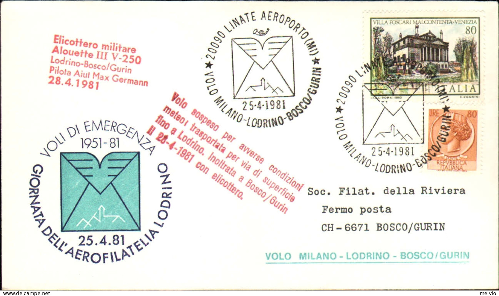 1981-volo Milano-Lodrino-Bosco/Gurin - Poste Aérienne
