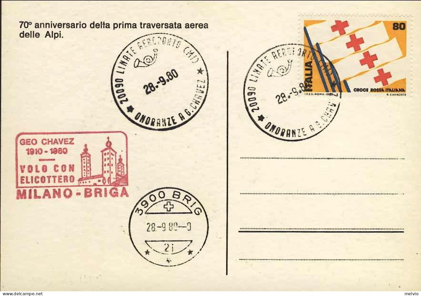 1980-cartolina 70^ Anniversario Della Prima Traversata Aerea Delle Alpi Geo Chav - Airmail