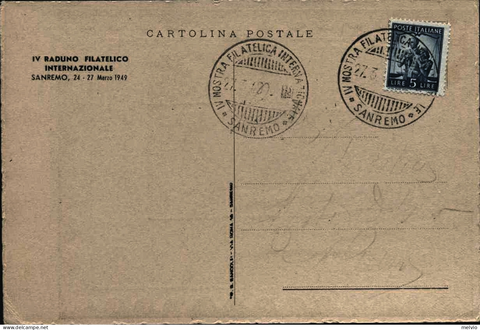 1949-cartolina Raduno Filatelico Internazionale Sanremo Affrancata L.5 Democrati - San Remo