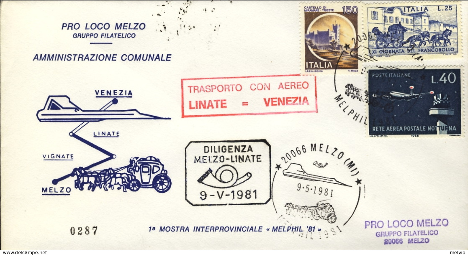 1981-lettera Illustrata A Cura Della Pro Loco Di Melzo Bollo Di Trasporto Aereo  - 1981-90: Marcophilie