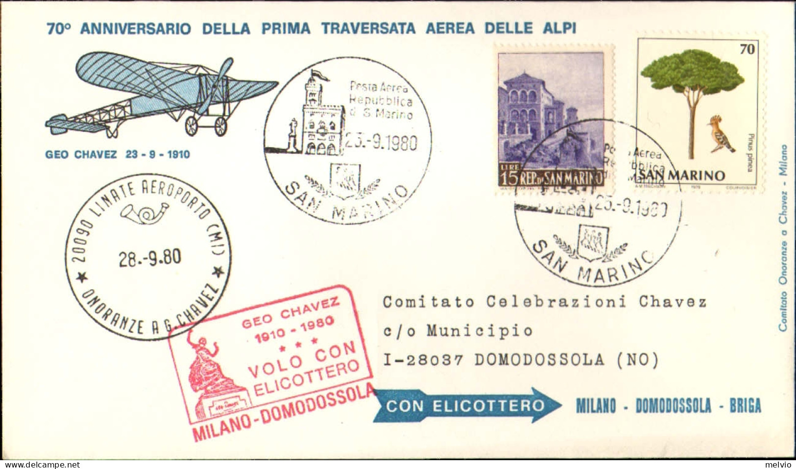 San Marino-1980 70^ Anniversario Della Prima Traversata Aerea Delle Alpi E Cache - Posta Aerea