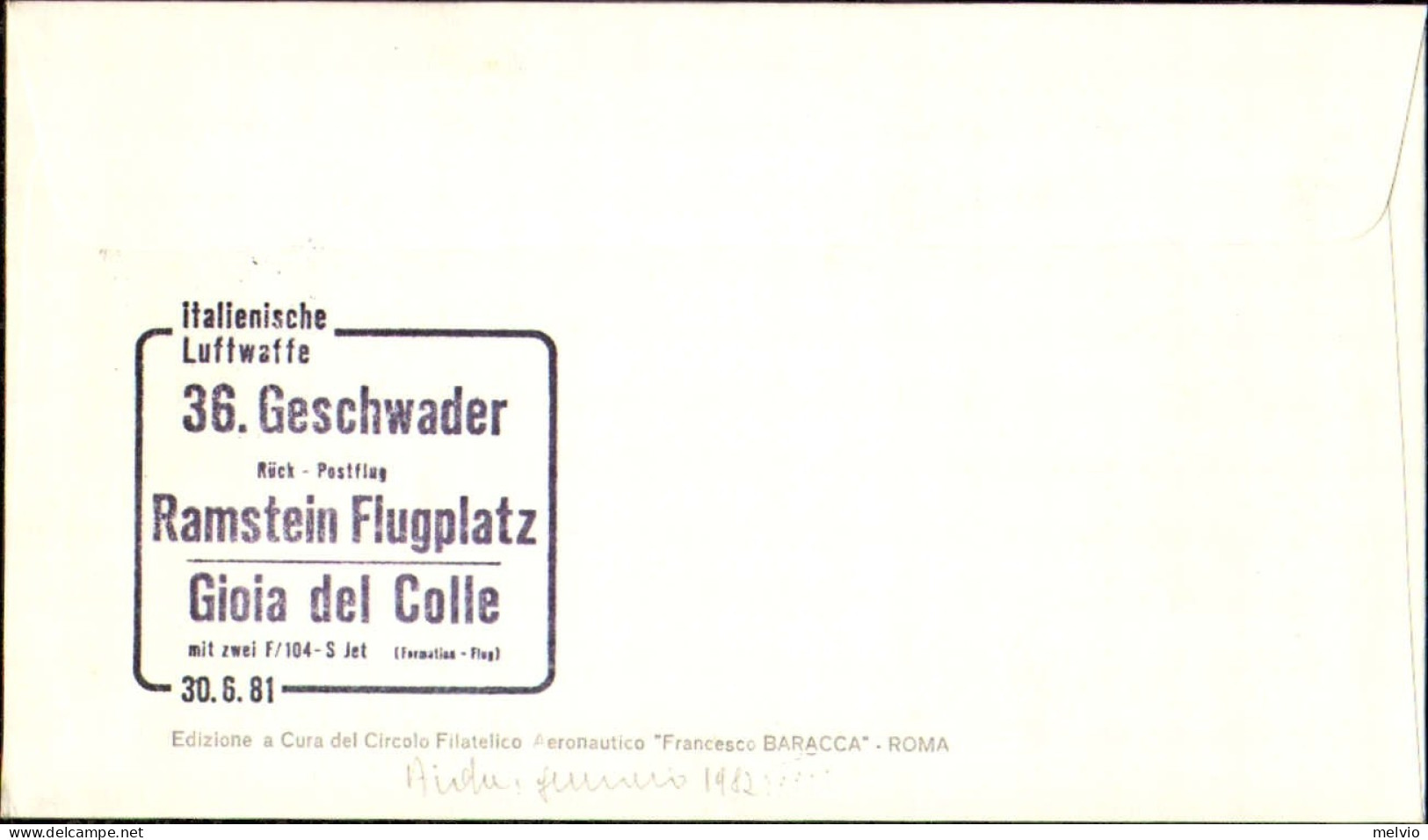 1981-Germania Volo Speciale Ramstein-Gioia Del Colle Con F 104 - Lettres & Documents