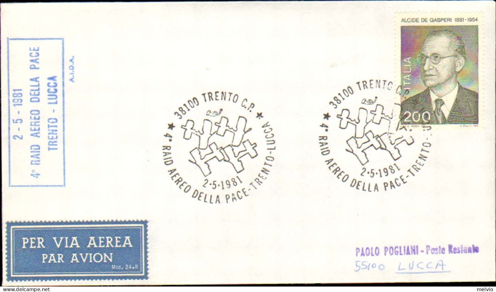 1981-affrancato Con Bolli Speciali Del 4 Raid Aereo Della Pace Trento-Lucca - 1981-90: Poststempel