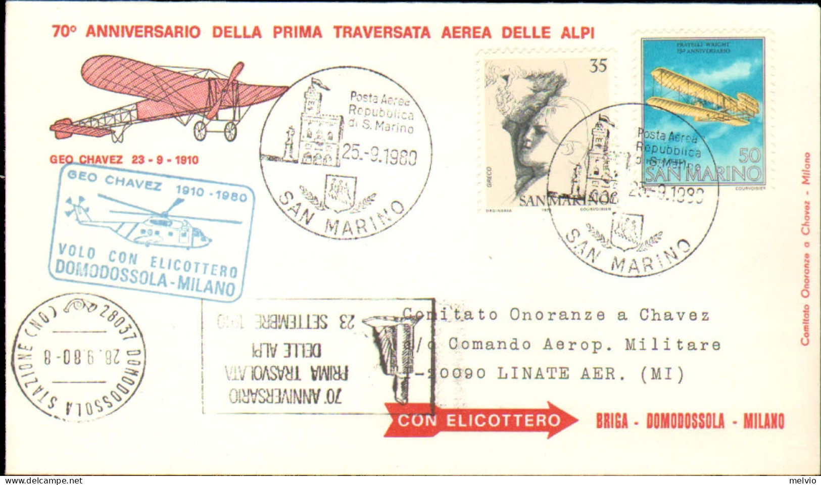 San Marino-1980 70^ Anniversario Della Prima Traversata Aerea Delle Alpi E Cache - Corréo Aéreo