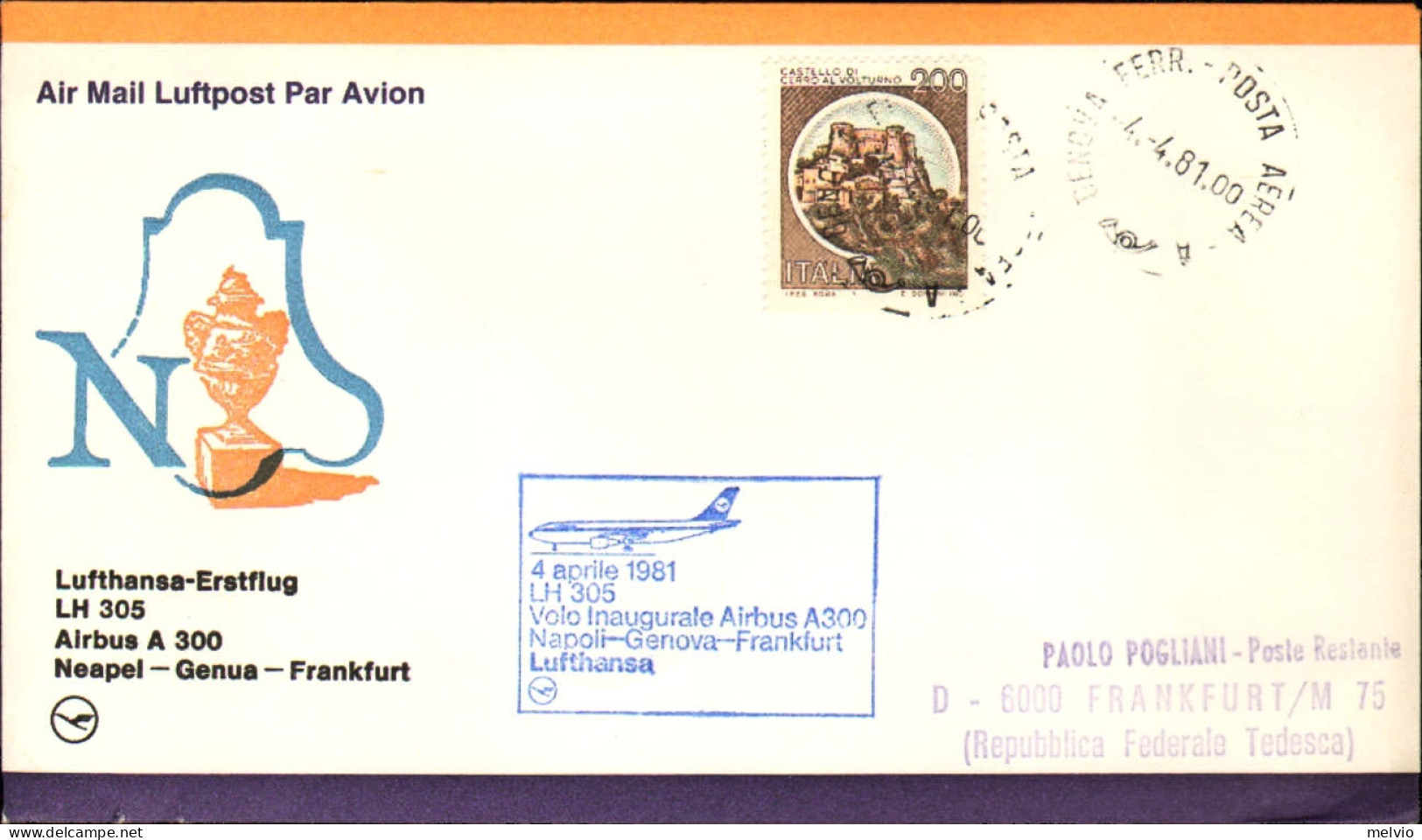 1981-I^volo Lufthansa Airbus A300 Napoli-Genova-Francoforte - Poste Aérienne