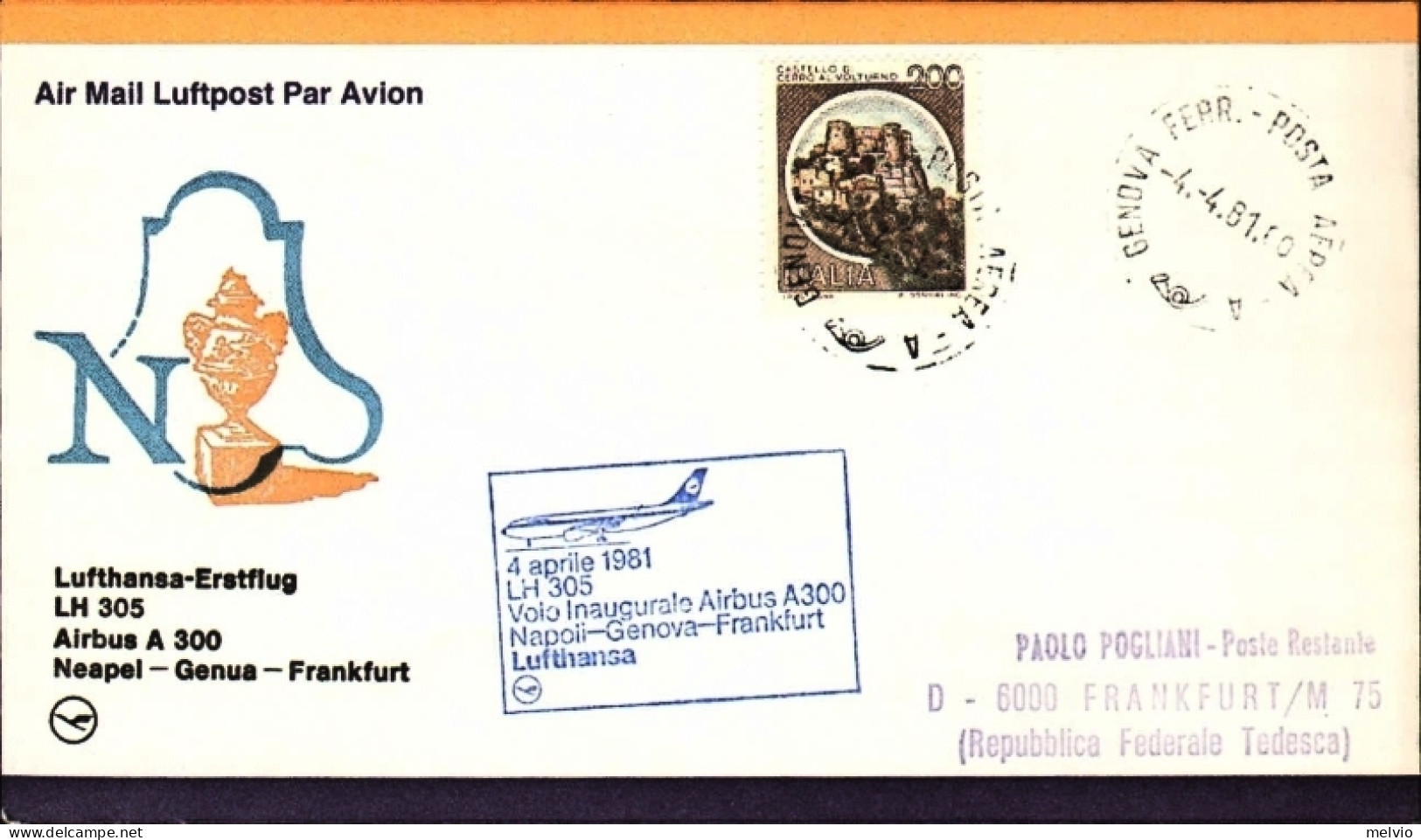 1981-I^volo Lufthansa A300 Napoli Genova Francoforte Del 4 Aprile - Airmail