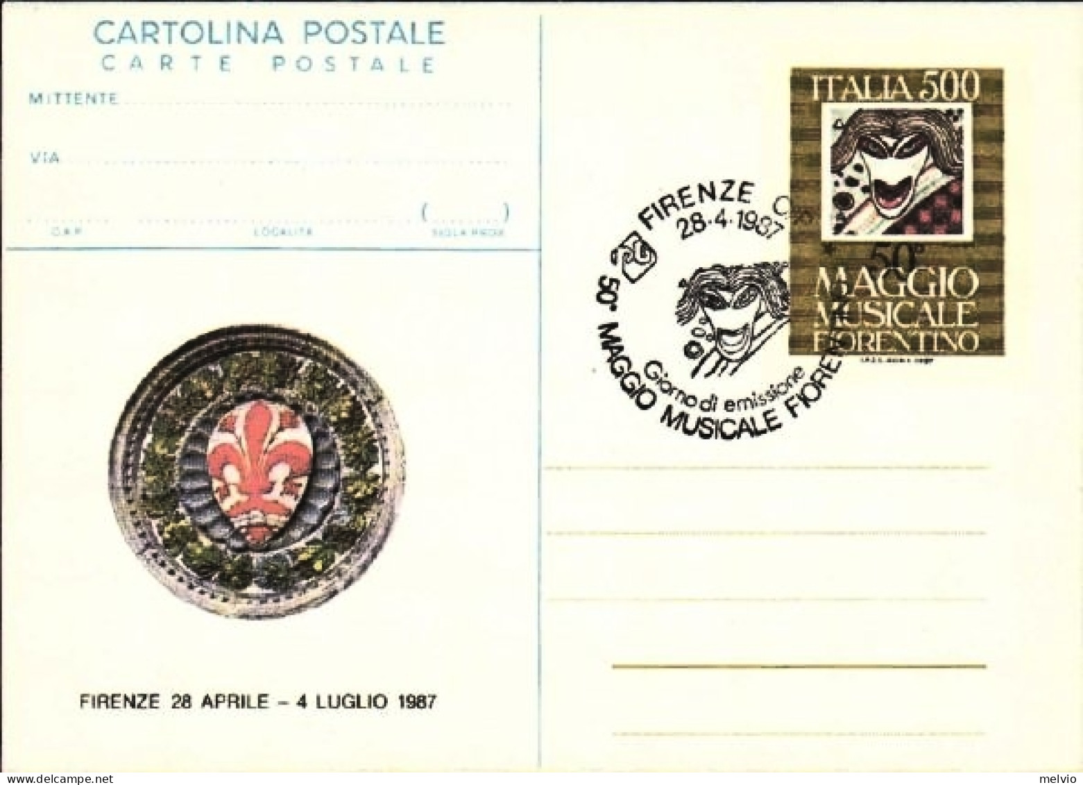 1987-cartolina Postale L.500-50 Maggio Musicale Fiorentino Con Annullo Speciale  - Entiers Postaux