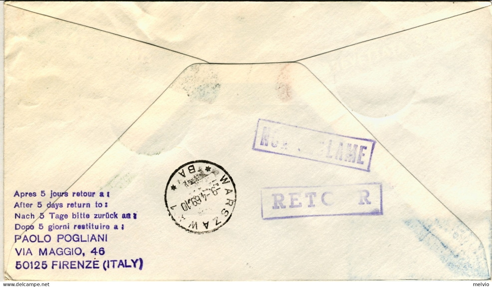 1969-con Bollo I^volo AZ 540 Milano-Varsavia Del 4 Aprile - Airmail