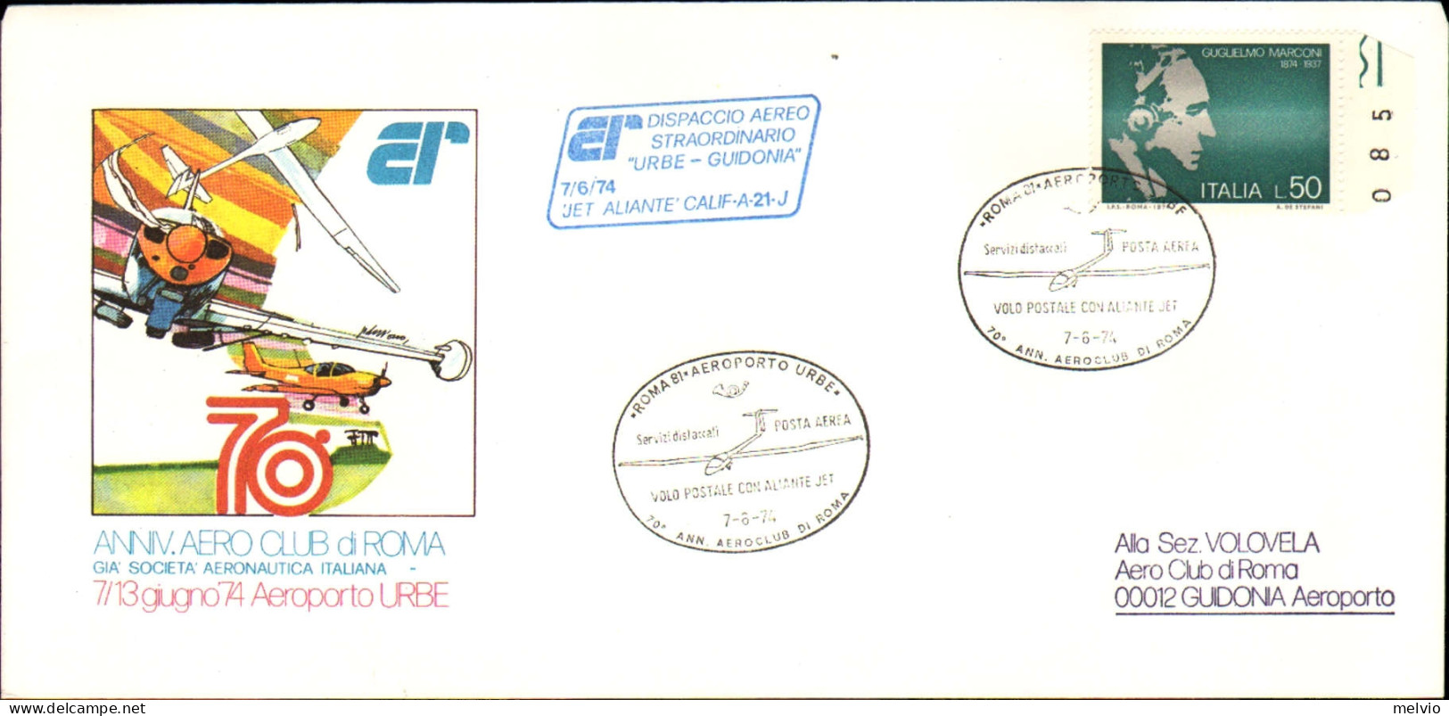 1974-volo Postale Con Aliante Jet Del 7 Giugno Su Dell'aereo Club Di Roma Con Bo - Luchtpost