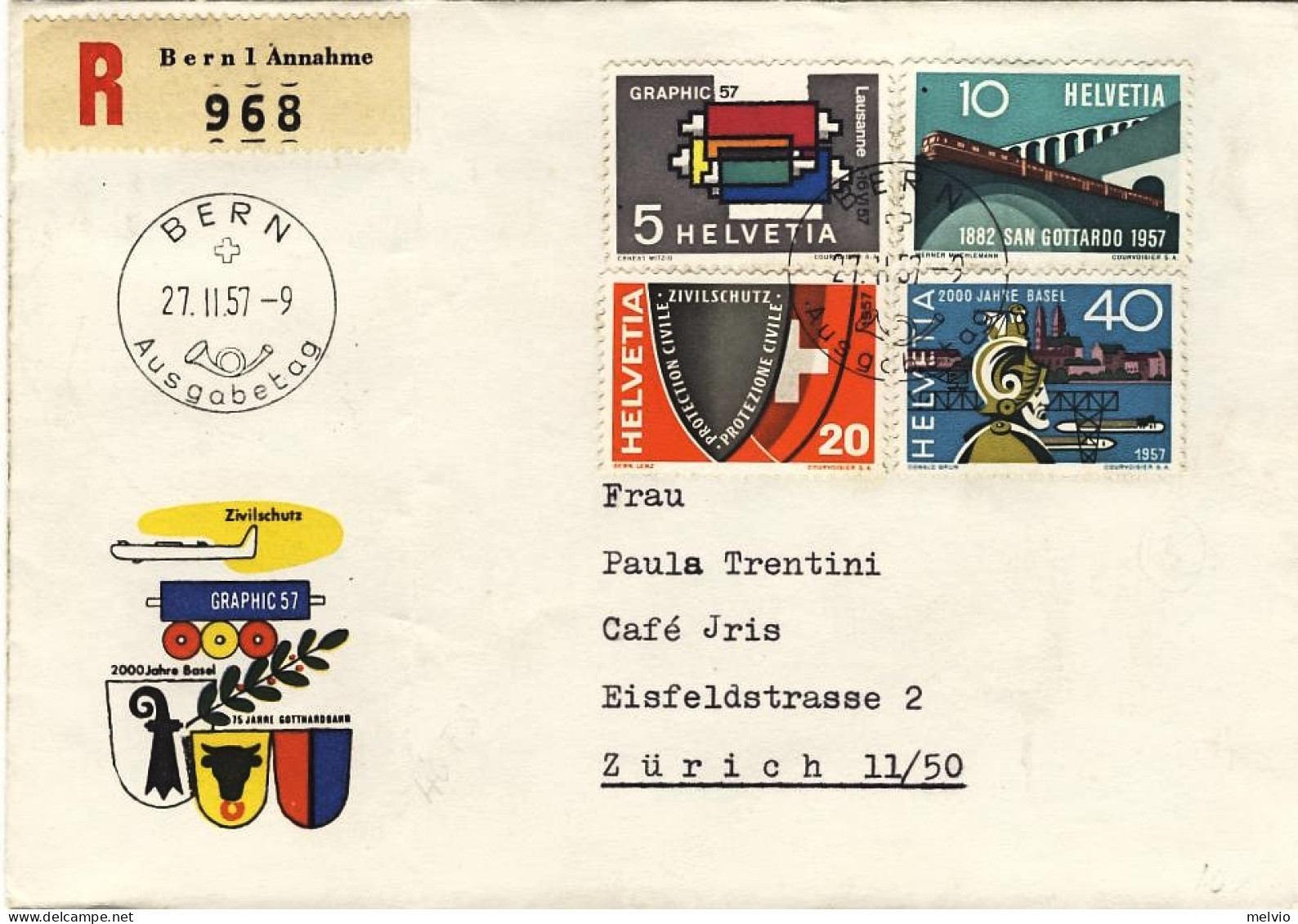 1957-Svizzera Raccomandata Fdc Illustrata Affrancata S.4v."Serie Di Propaganda" - FDC