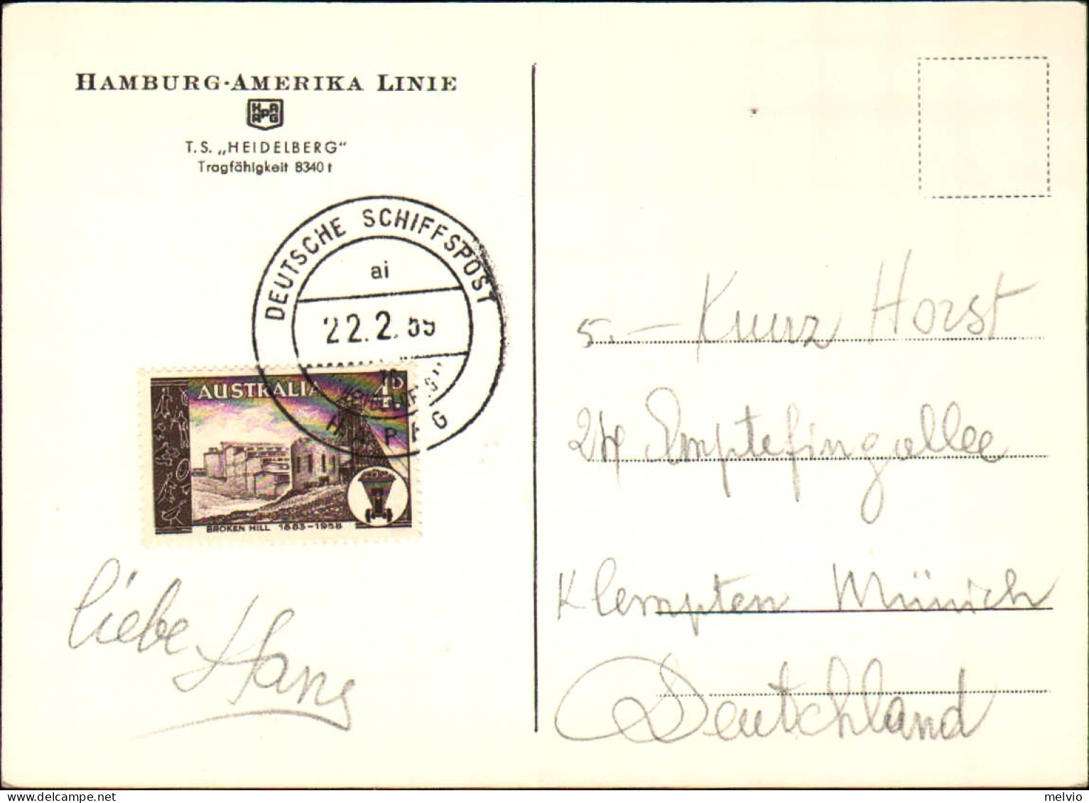 1959-Australia Cartolina Dell'Hamburg-Amerika Linie Affrancata 4p.annullo Deutsc - Otros & Sin Clasificación
