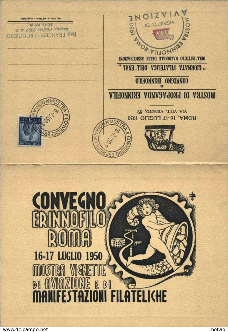 1950-pieghevole Illustrato Convegno Erinnofilo Di Roma Affrancato L.5 Democratic - Erinnofilia