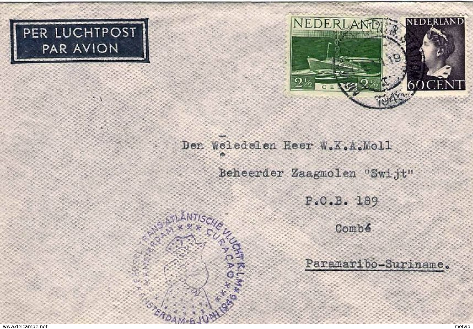 1946-Holland Nederland Olanda Con Affrancatura Bicolore,cachet I^volo K.L.M.Amst - Poste Aérienne