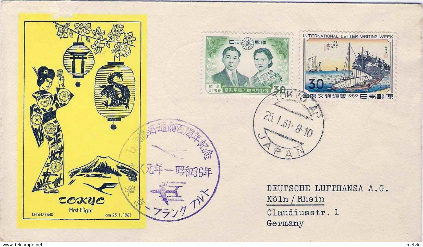 1961-Giappone Japan I^volo Lufthansa 647/640,al Verso Bollo D'arrivo A Francofor - Brieven En Documenten