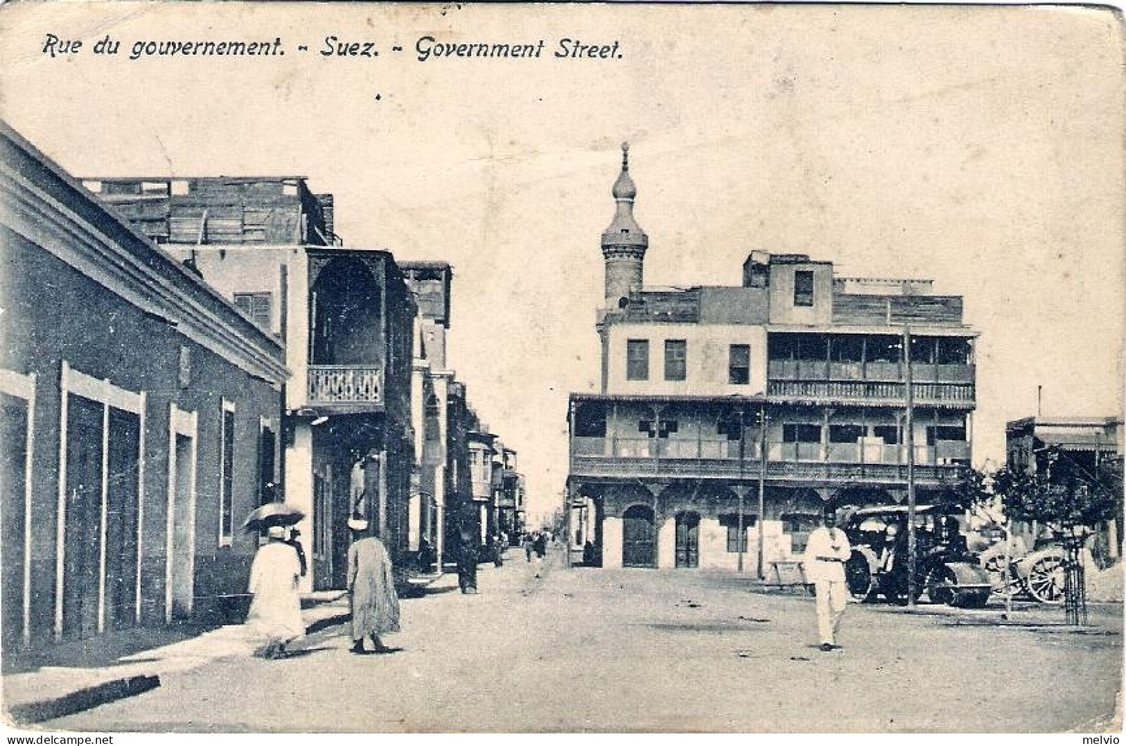 1930circa-Egitto Cartolina "rue De Gouvernement Suez Government Street" - Sonstige & Ohne Zuordnung