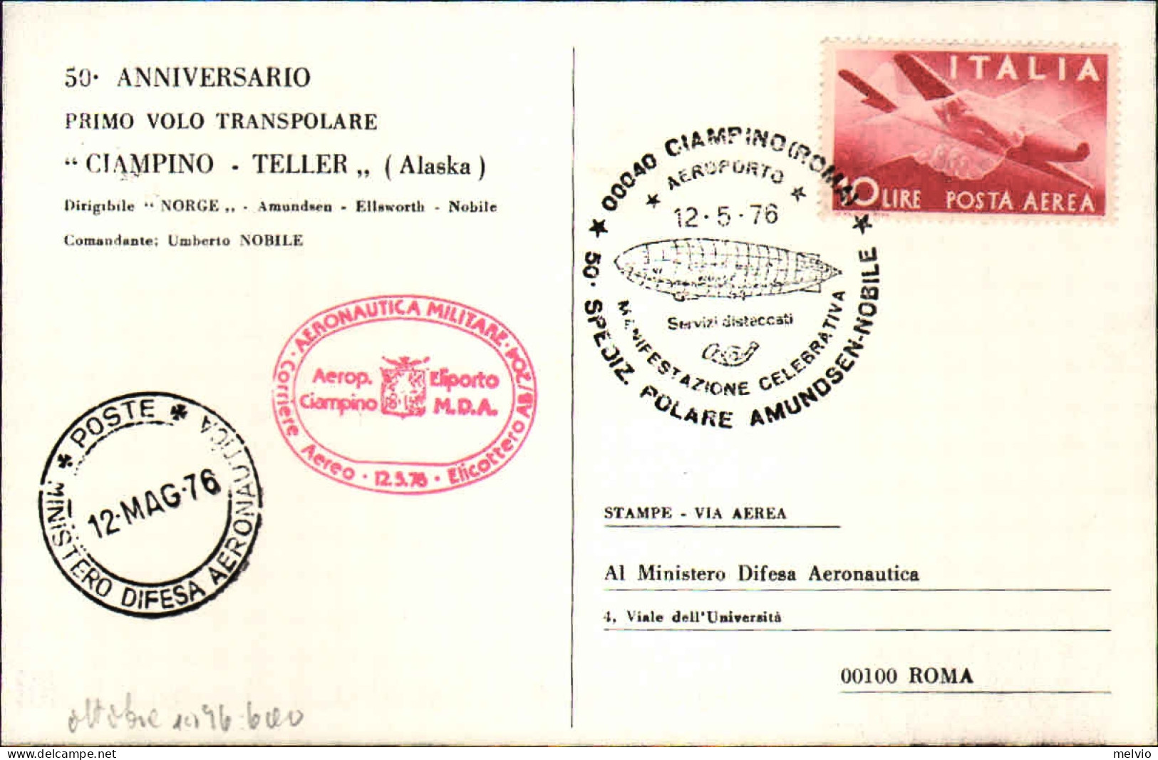 1976-cartolina Commemorativa 50^ Anniversario I^volo Transpolare - Poste Aérienne