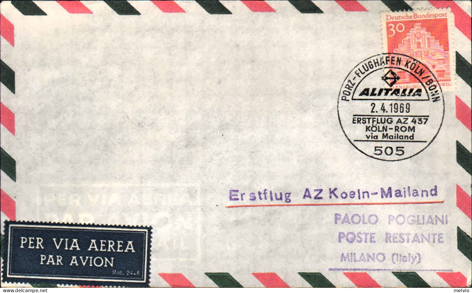 1969-Germania I^volo Alitalia Colonia Roma Via Milano - Storia Postale