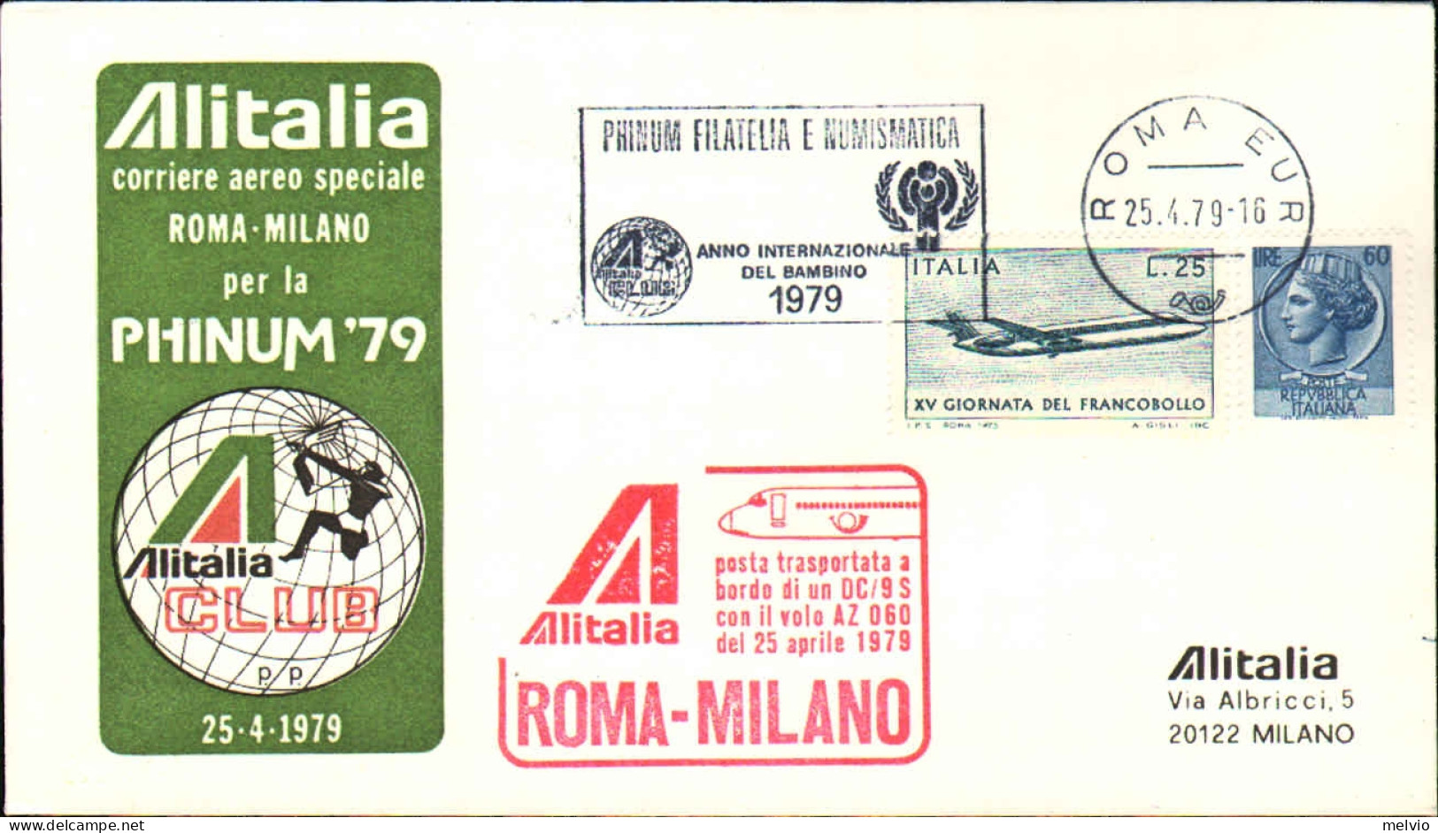 1979-Alitalia Corriere Aereo Speciale Roma-Milano Per La Phinum 79 - Poste Aérienne