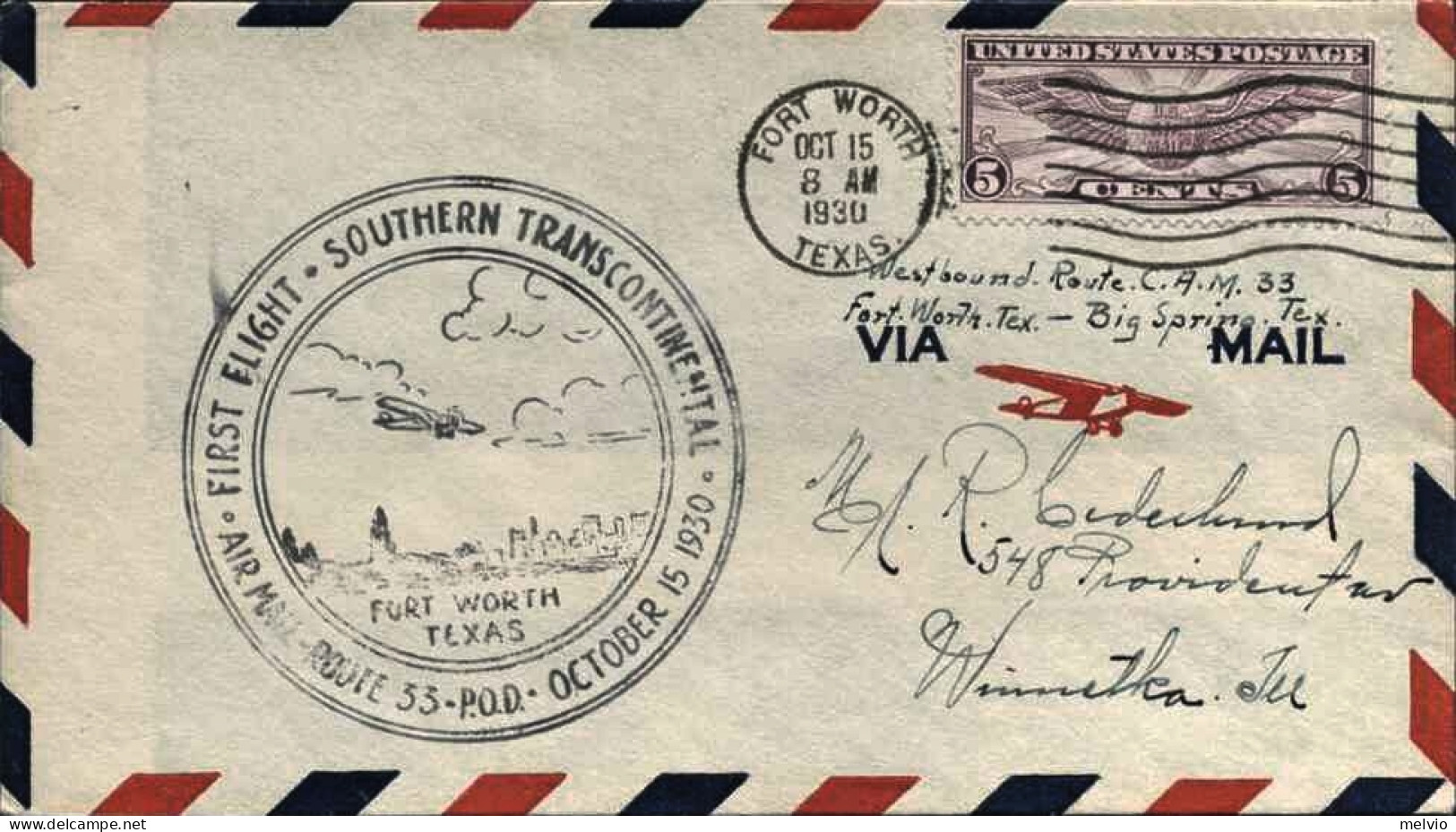 1930-U.S.A. Con Cachet Figurato I^volo Fort Worth Texas - 1c. 1918-1940 Storia Postale