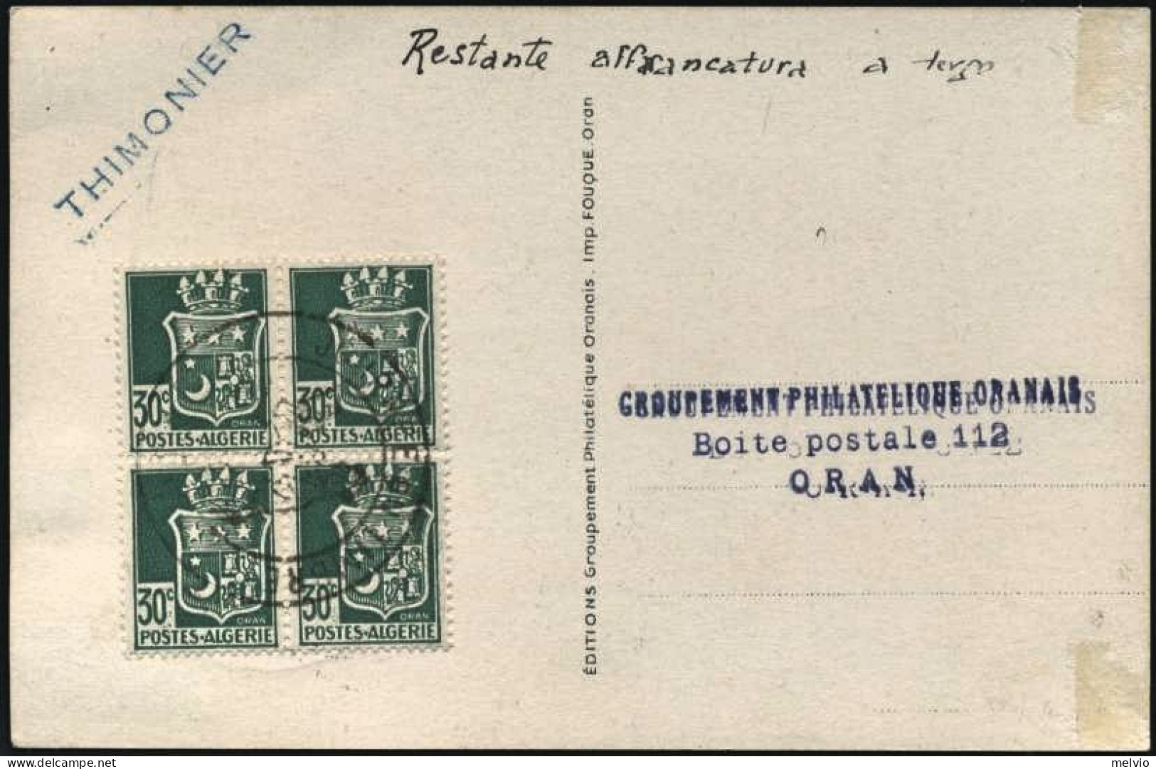 1942-Algeria Cartolina Maximum Affrancata Singolo+quartina Del 30c.verde Stemma  - Cartas & Documentos