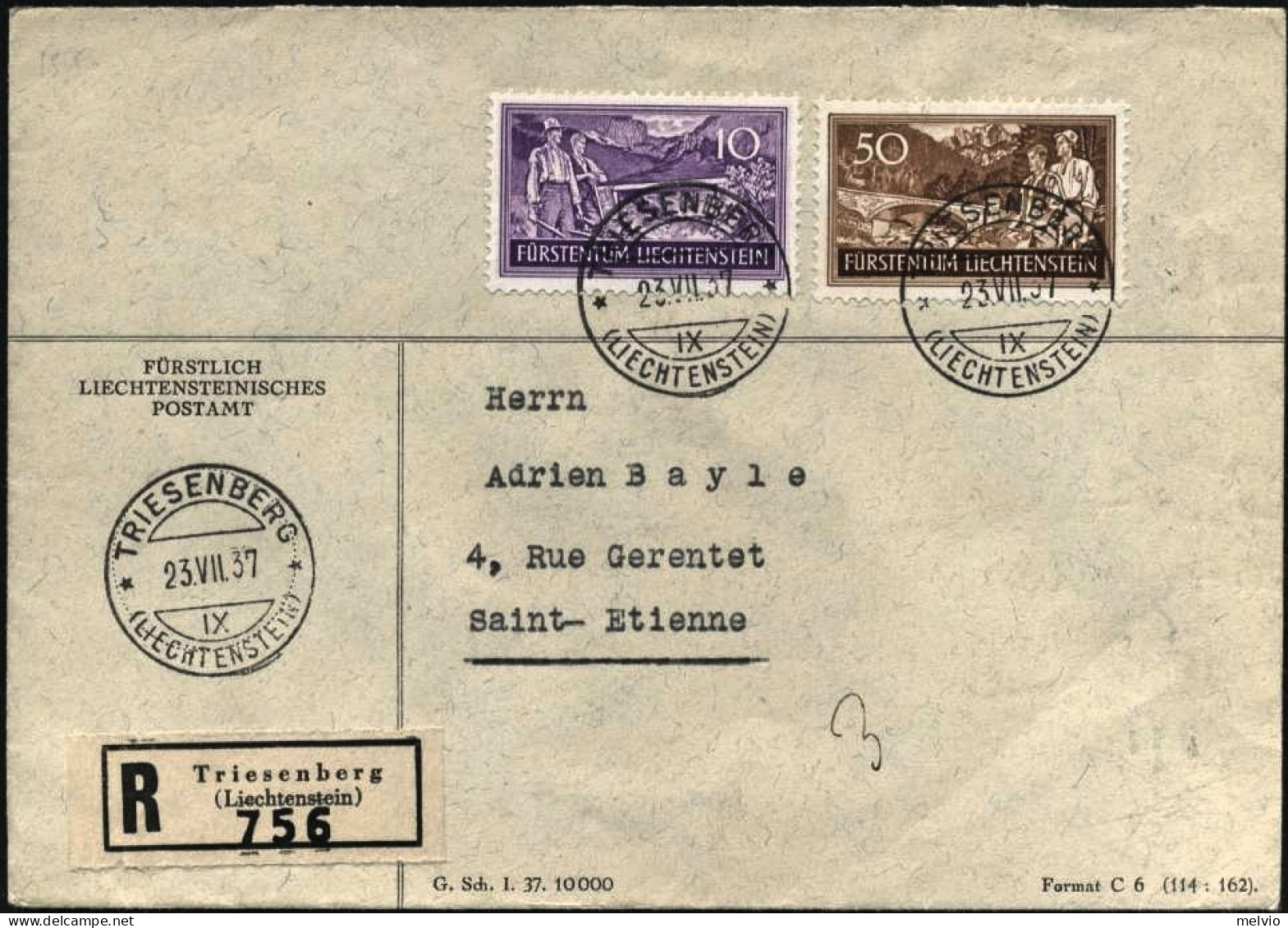 1937-Liechtenstein Raccomandata Diretta In Svizzera Affrancata 10r.+50r.della Se - Andere & Zonder Classificatie