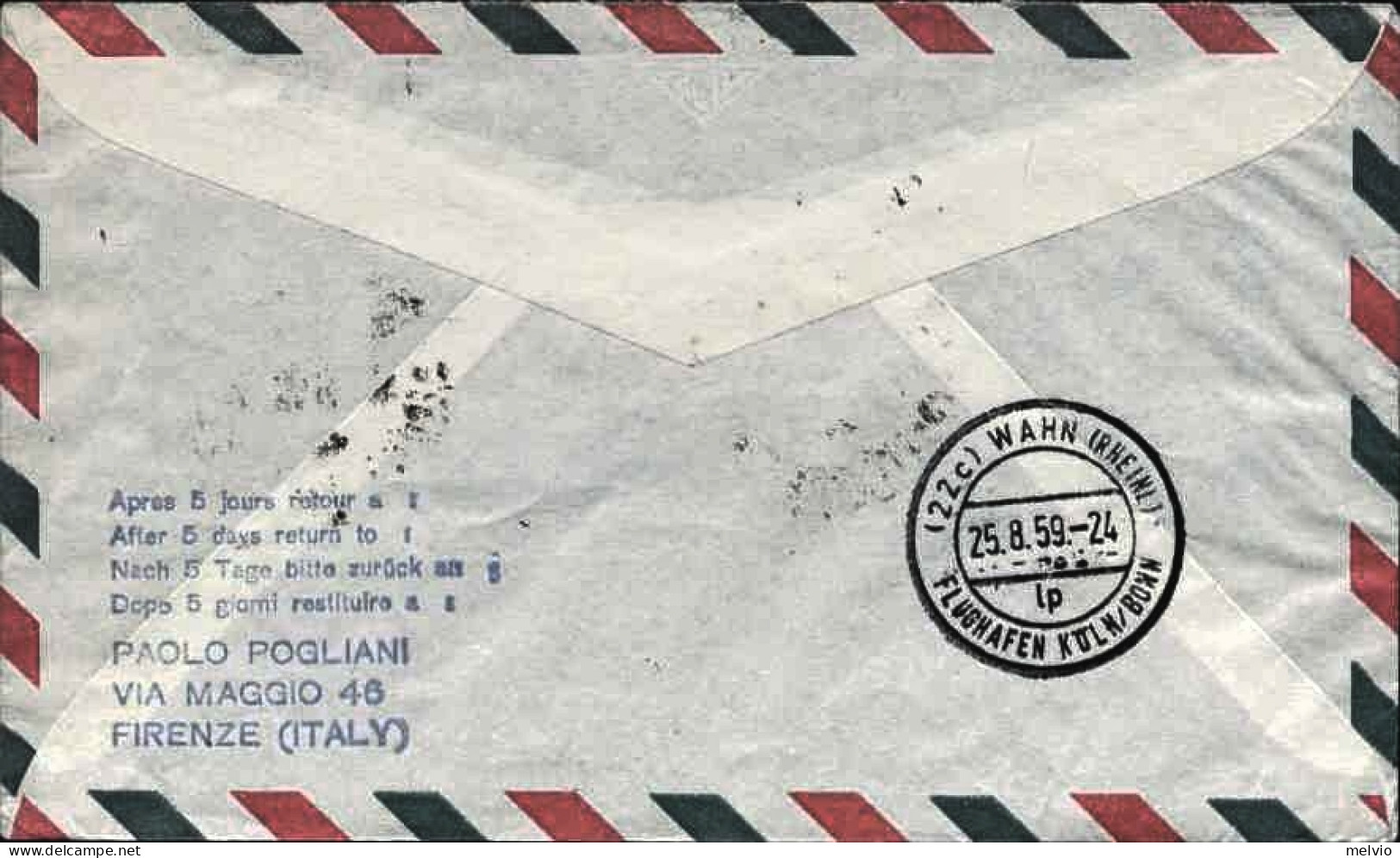 1959-Vienna Colonia Volo Speciale Della Lufthansa Del 25 Agosto, Affr. L.10 Sira - Posta Aerea