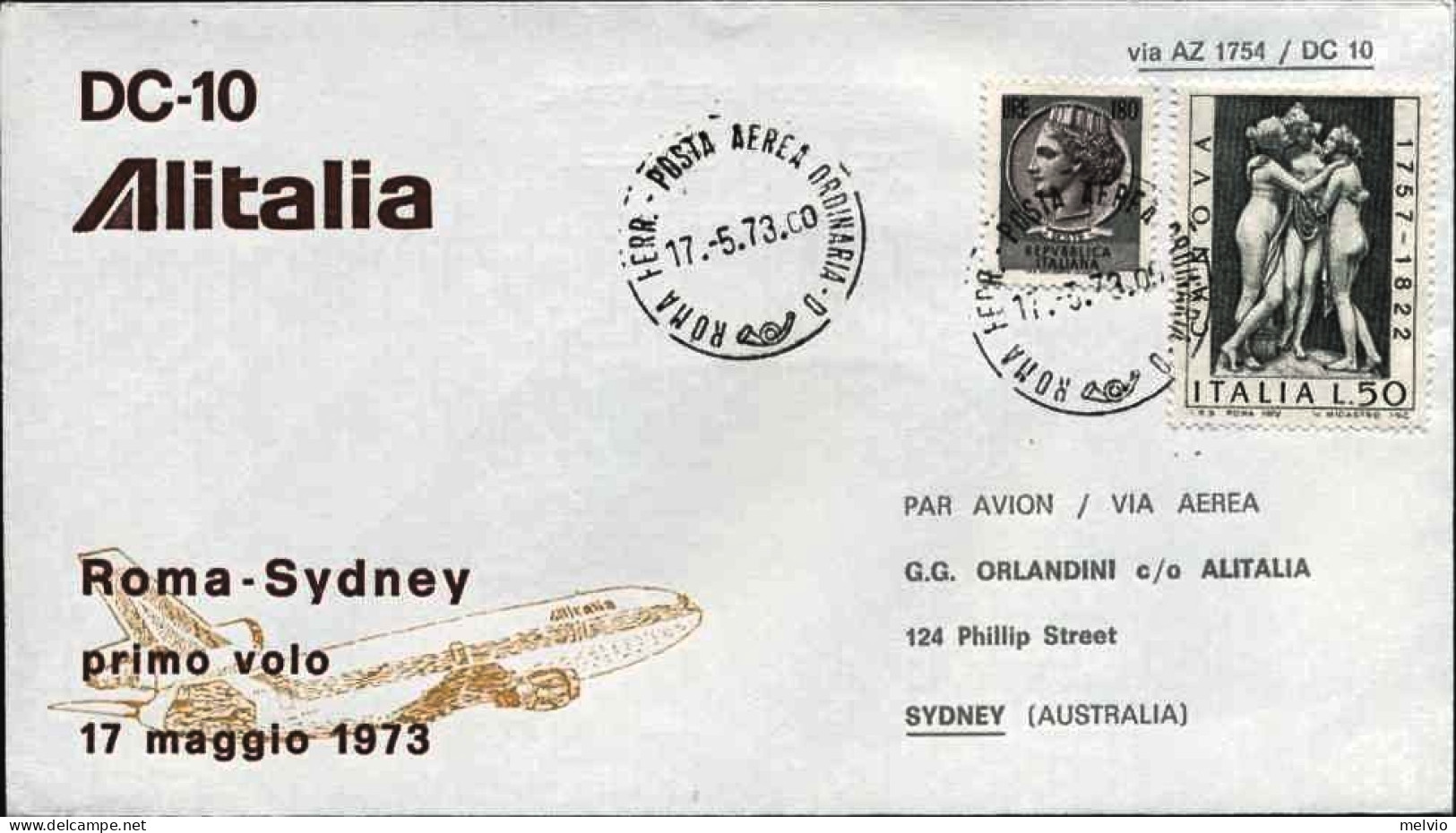 1973-affrancata L.50+L.180 I^volo Alitalia DC10 Roma-Sydney - Posta Aerea
