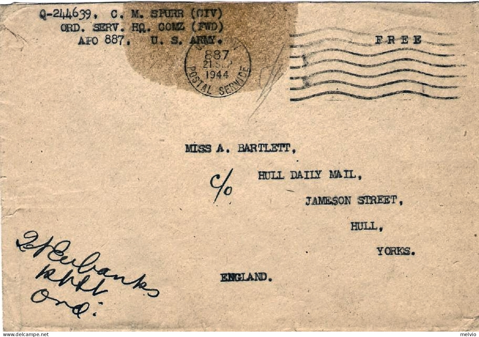 1944-U.S.A. Lettera In Franchigia Da APO 887 Diretta In Inghilterra - Marcophilie