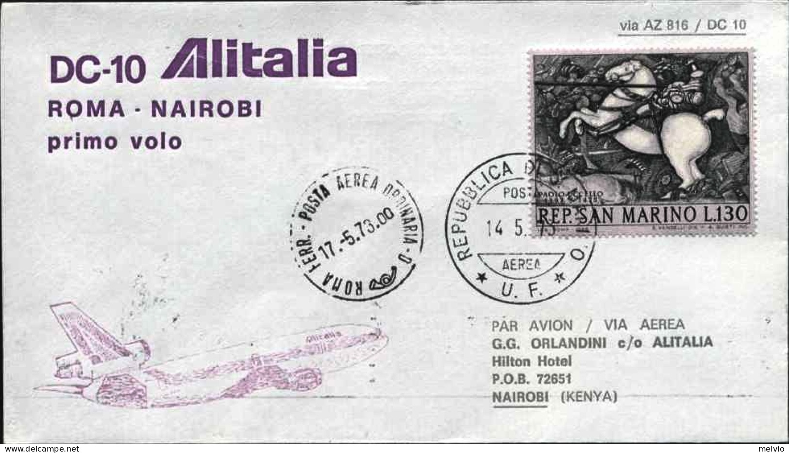 San Marino-1973 I^volo Alitalia DC10 Roma-Nairobi,al Verso Affrancatura Compleme - Poste Aérienne