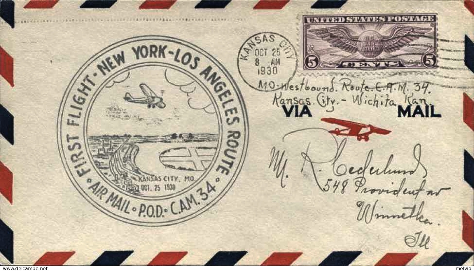 1930-U.S.A. Con Cachet Figurato I^volo Kansas City - 1c. 1918-1940 Cartas & Documentos