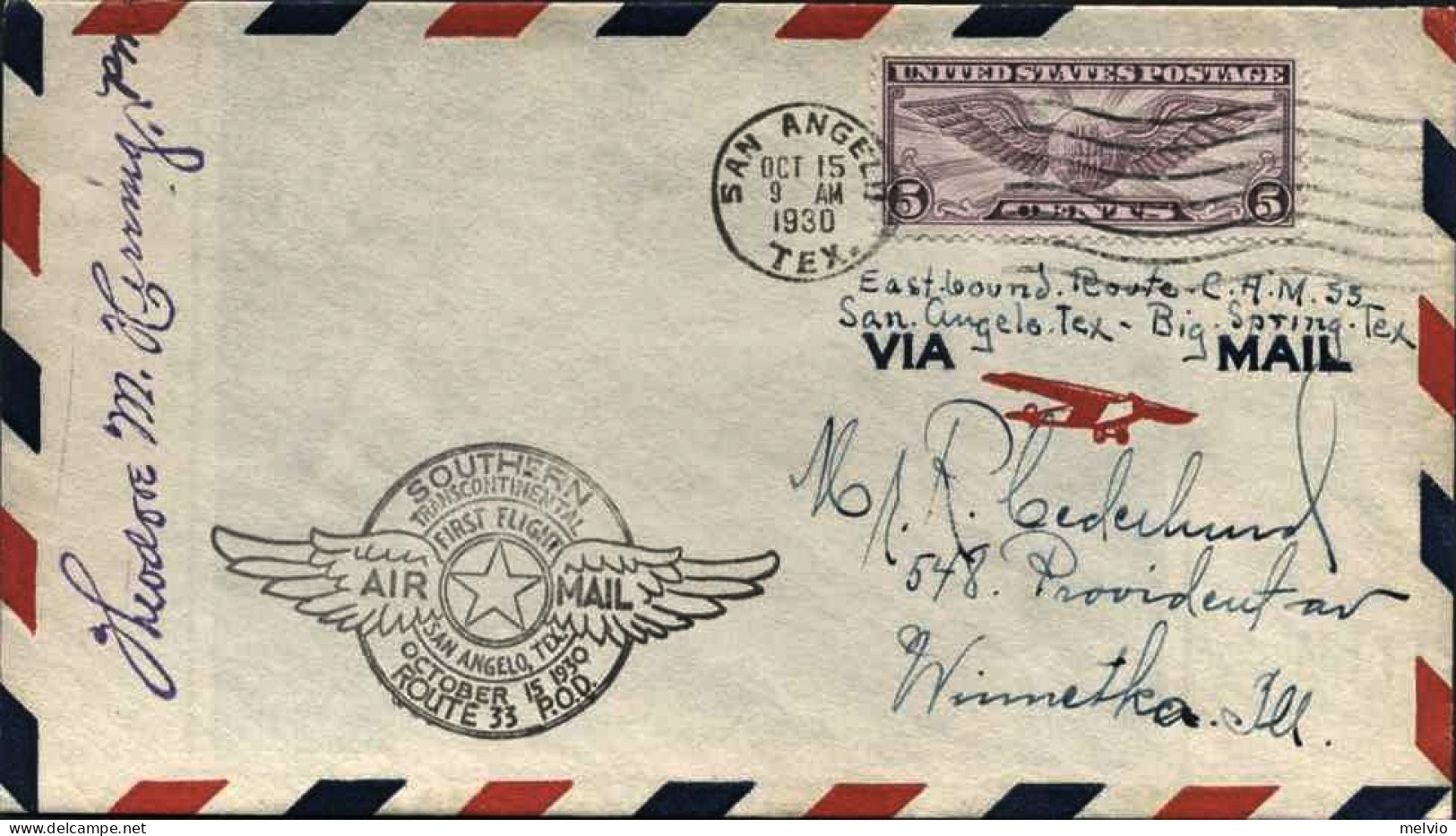 1930-U.S.A. Con Cachet Figurato I^volo San Angelo Tex. - 1c. 1918-1940 Cartas & Documentos