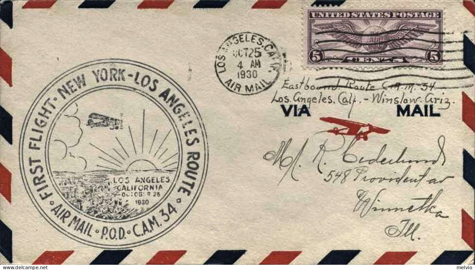 1930-U.S.A. Con Cachet Figurato I^volo Los Angeles California - 1c. 1918-1940 Cartas & Documentos