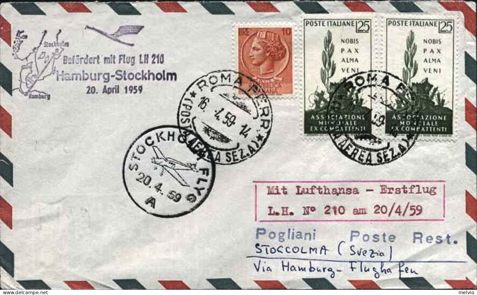 1959-per Stoccolma Affrancato L.10 Siracusana+due L.25 Associazione Mondiale Ex  - Airmail