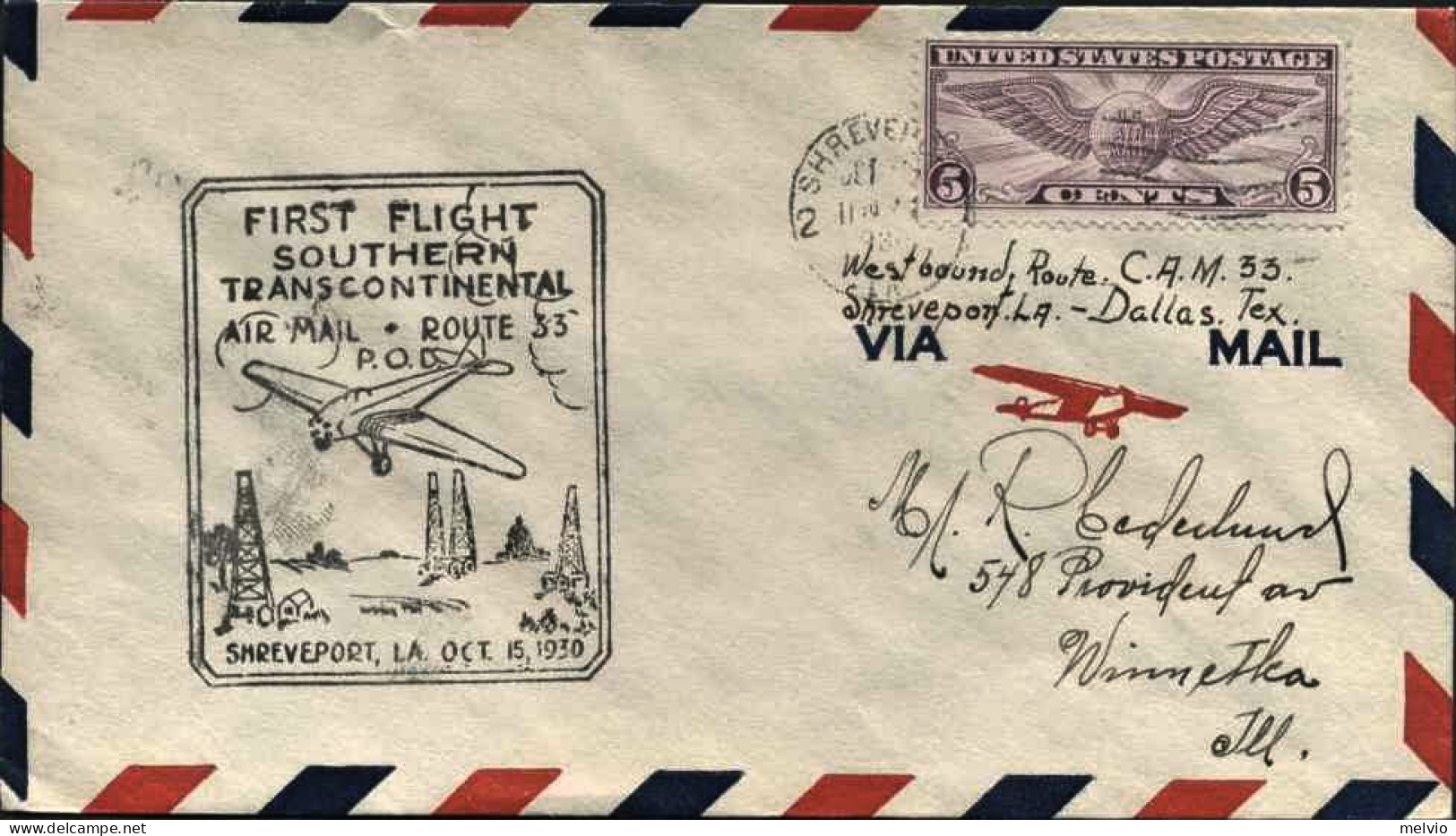 1930-U.S.A. Con Cachet Figurato I^volo Sheveport L.A. - 1c. 1918-1940 Storia Postale