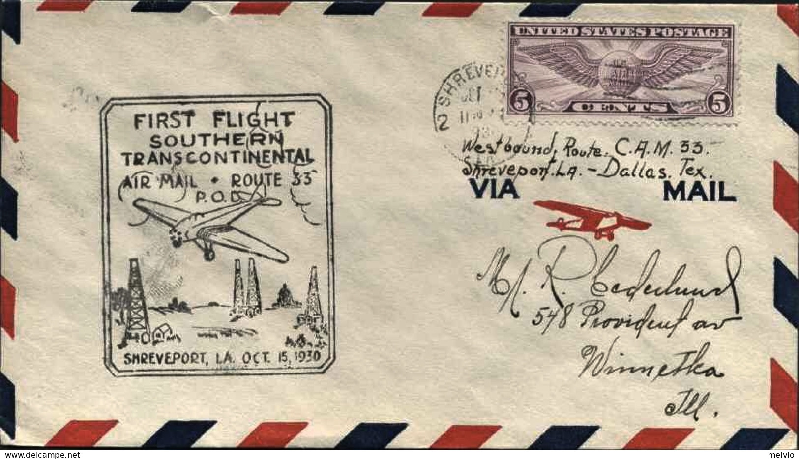 1930-U.S.A. Con Cachet Figurato I^volo Sheveport L.A. - 1c. 1918-1940 Lettres