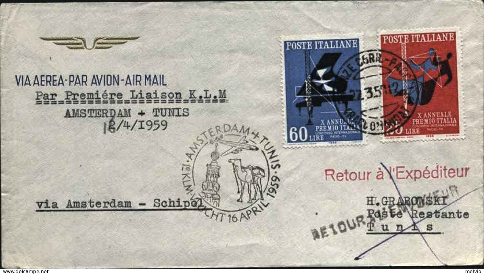 1959-diretto A Tunisi Affrancato S.2v."X Annuale Premio Italia"I^volo KLM Amster - Poste Aérienne