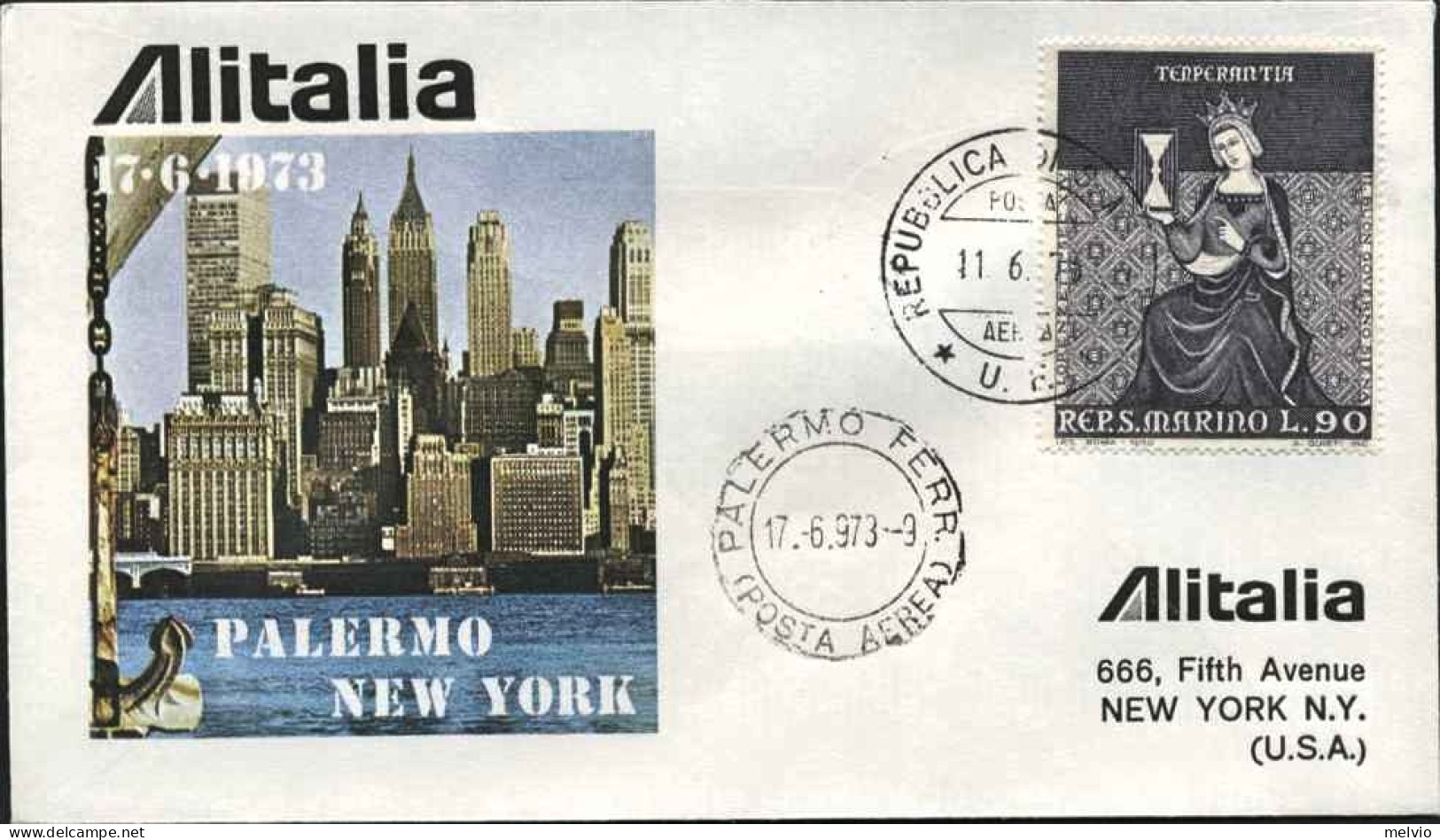 San Marino-1973 Ufficiale Alitalia Volo Palermo-New York Del 17 Giugno - Luftpost