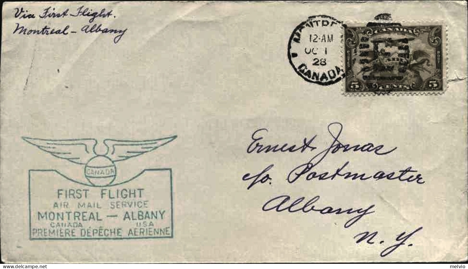 1928-Canada Posta Aerea 5c.cachet Figurato I^volo Montreal-Albany - Erst- U. Sonderflugbriefe