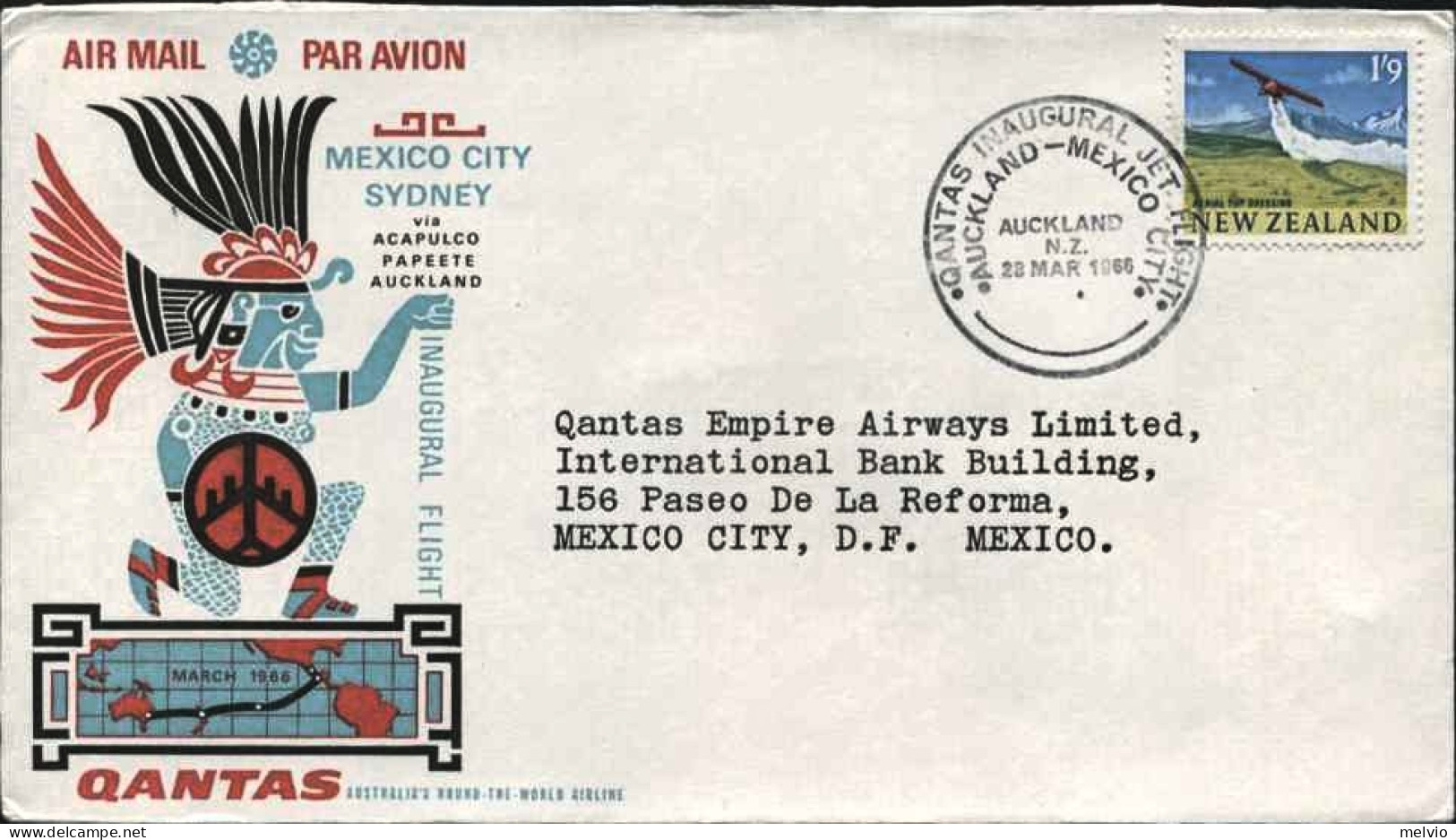 1966-Nuova Zelanda Per Il Messico Affrancato 1,9sh.annullo I^volo Qantas Aucklan - Airmail