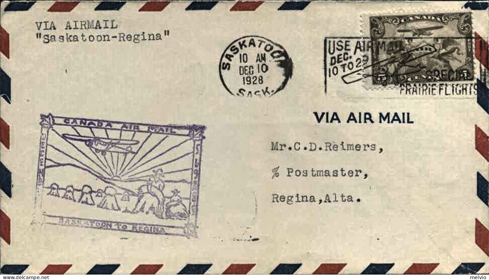 1928-Canada Posta Aerea 5c.cachet Figurato Volo Saskatoon-Regina - Primeros Vuelos