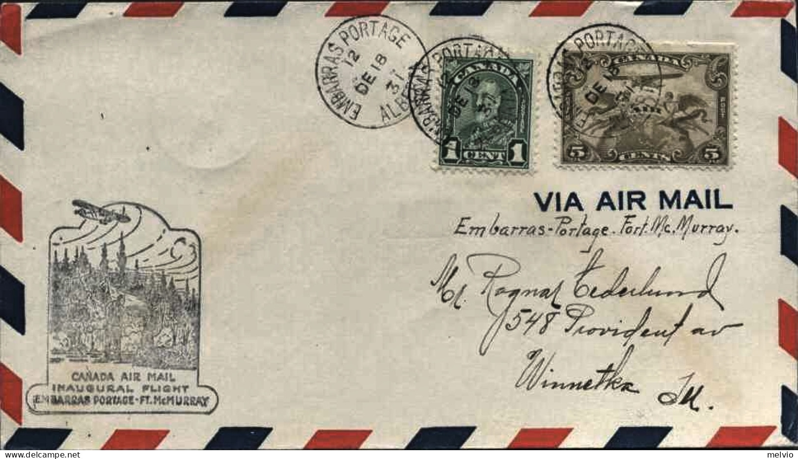 1931-Canada  1c.verde+posta Aerea 5c.cachet Figurato I^volo Embarass Portage-Ft. - Premiers Vols