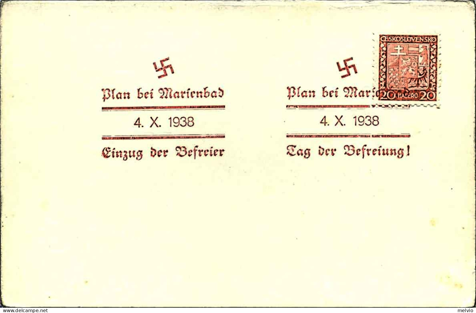 1938-Cecoslovacchia Cartoncino Affrancato 20h.con Bolli Di Propaganda Nazista - Andere & Zonder Classificatie