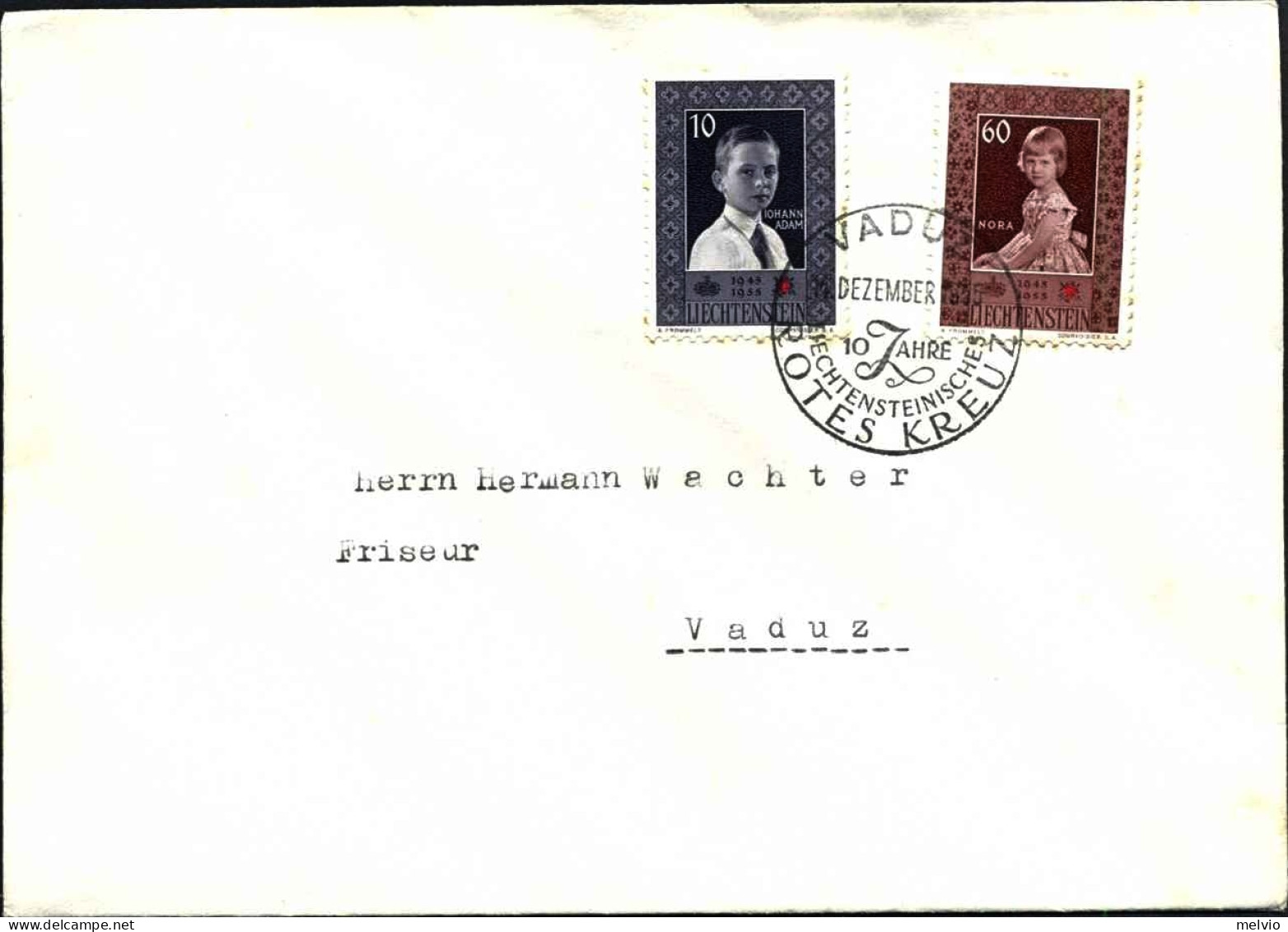 1955-Liechtenstein Busta Affrancata 2 Valori Della Serie 10 Anniversario Della C - Andere & Zonder Classificatie