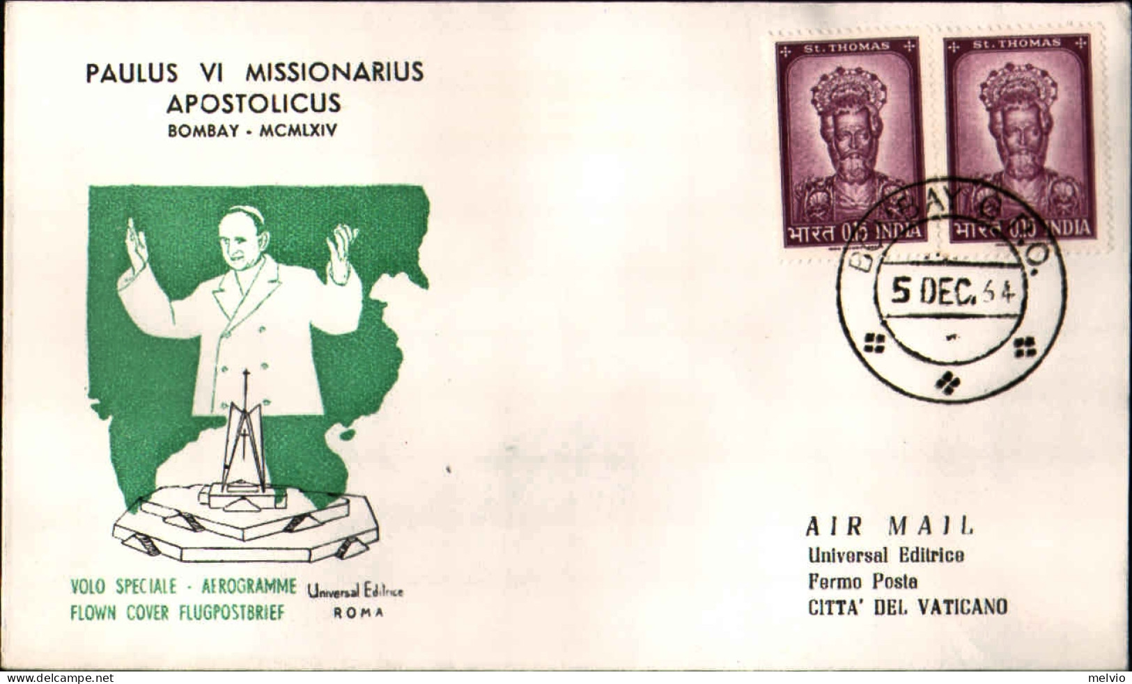 1964-India Viaggio Papale Paolo VI Bombay-Roma Del 5 Dicembre,al Verso Affrancat - Franking Machines (EMA)