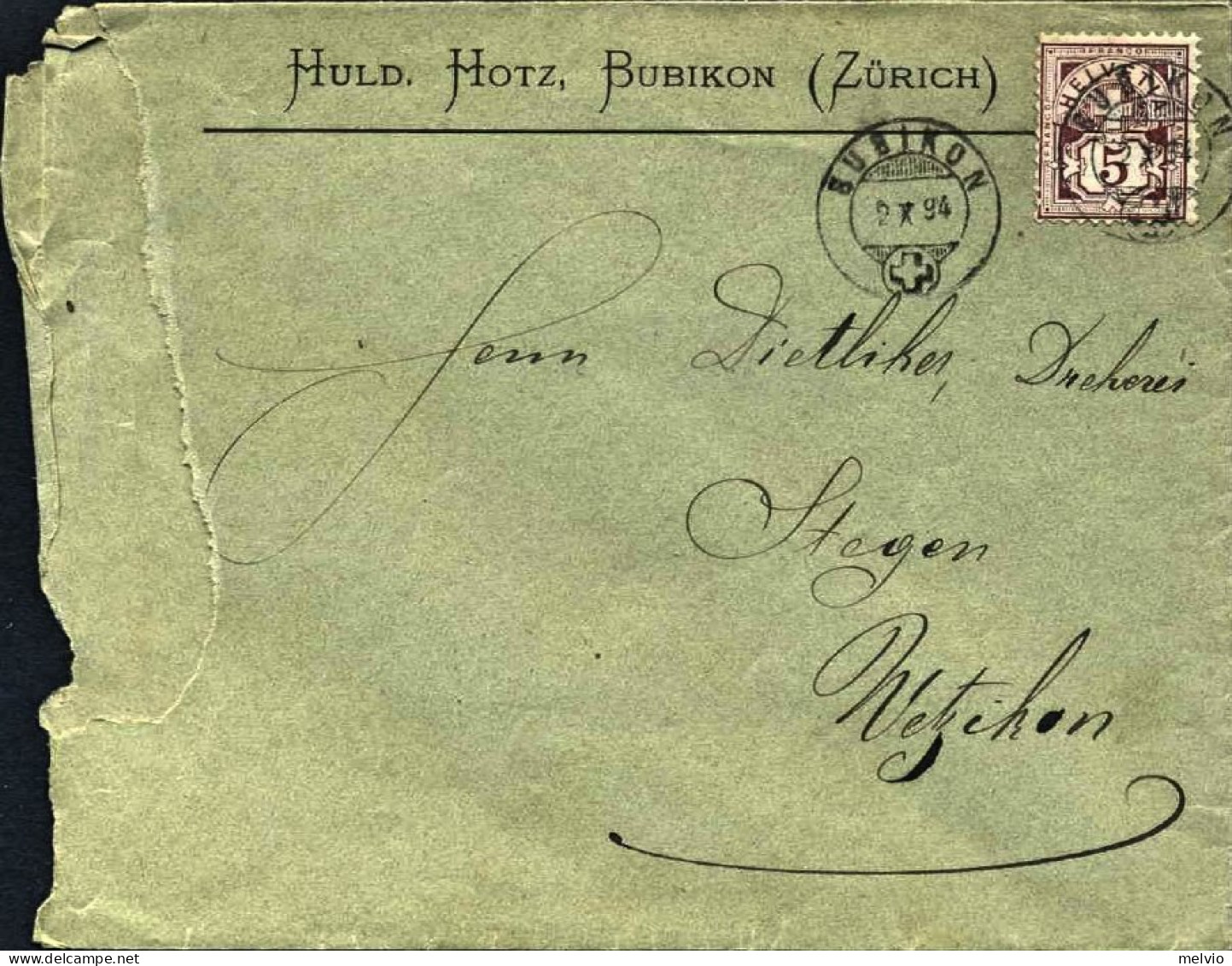 1894-Svizzera Lettera Da Bubikon Affrancata 5c.carta Con Frammenti Di File Di Se - Otros & Sin Clasificación