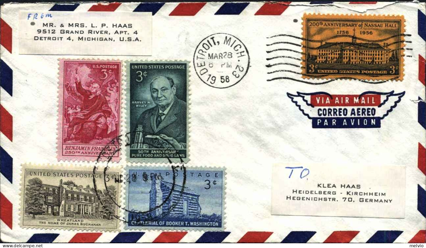 1958-U.S.A. Lettera Con Bella Affrancatura Multicolore Diretta In Germania - Marcofilie