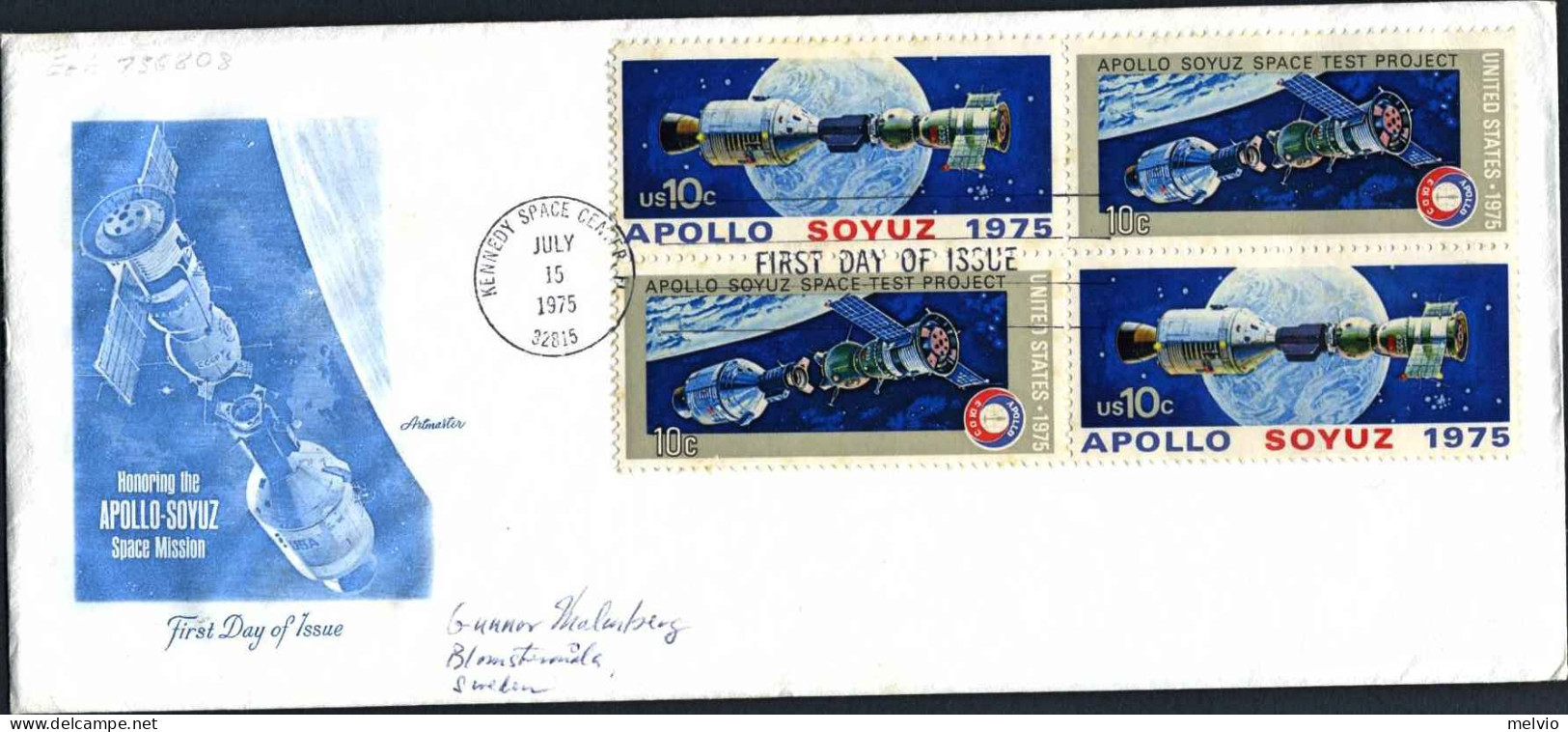 1975-U.S.A. Lettera Fdc Apollo Soyuz Due Valori In Quartina Se Tenant - 3c. 1961-... Cartas & Documentos