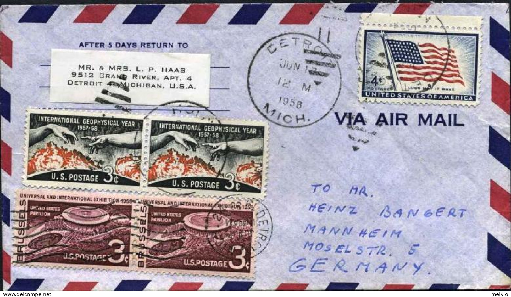 1958-U.S.A. Lettera Con Bella Affrancatura Multicolore Diretta In Germania - Marcophilie