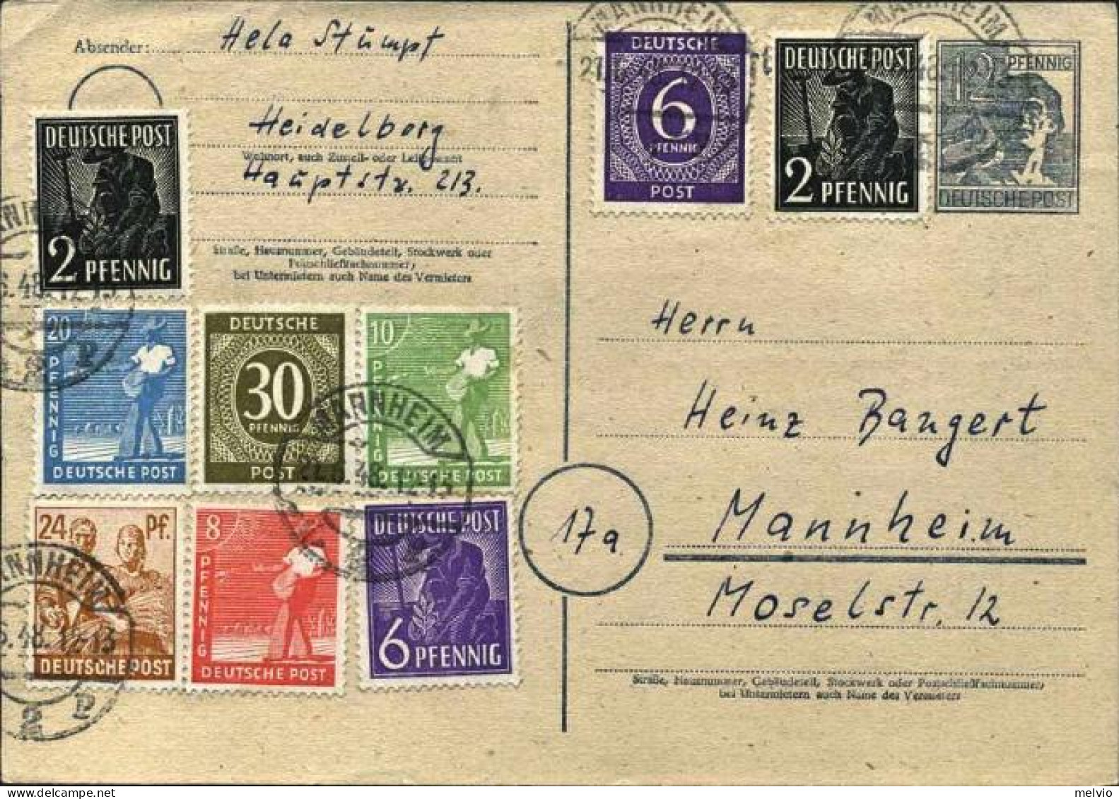 1948-Germania Zona Alleata Intero Postale 12pf.con Interessante Affrancatura Agg - Otros & Sin Clasificación