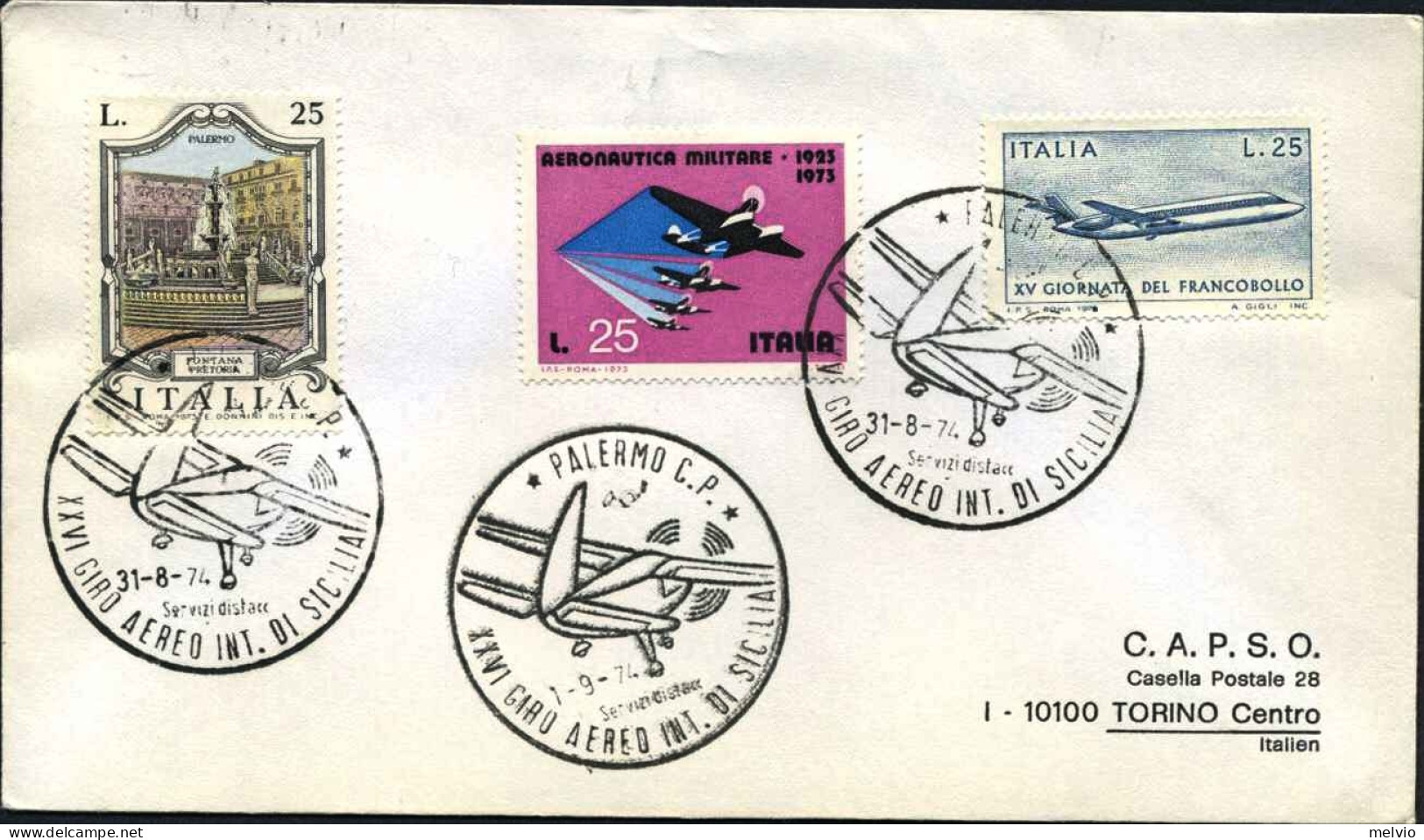 1974-lettera Variamente Affrancata Con Annullo Palermo XXVI Giro Aereo Int.di Si - Luftpost